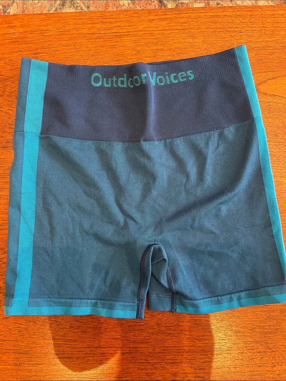 Outdoor Voices Teal and Navy Colorblock Bike Shorts
